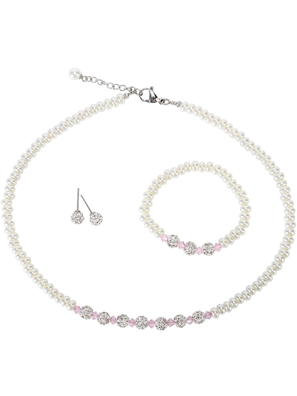 NWT White Pearl Glass Bead Necklace, Bracelet & Stud Earring Set w/ Pink Beads